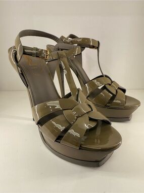 Pre Owned Saint Laurent Sz 10 Olive Taupe Patent Leather Platform Sandals